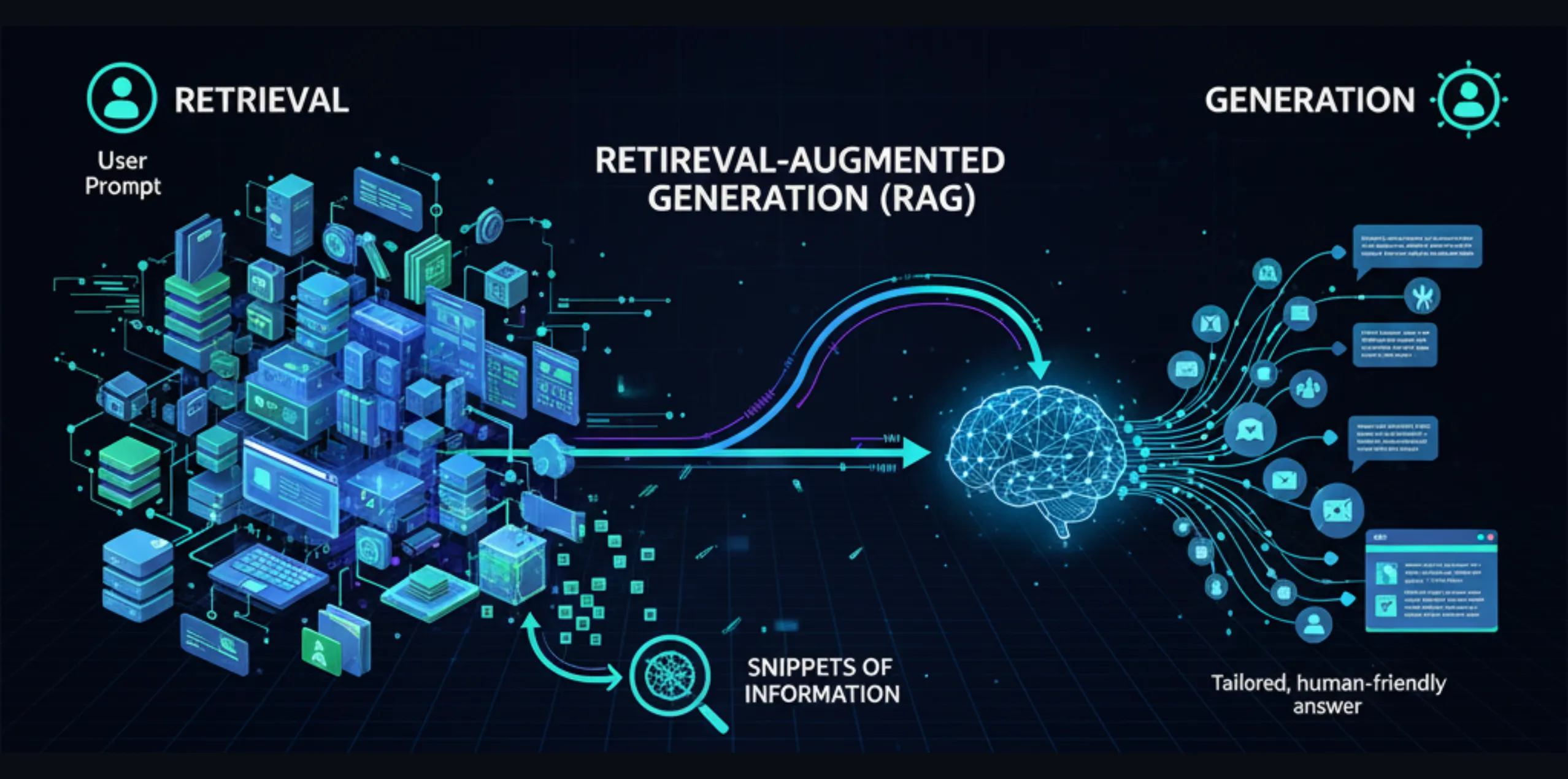 Diagram showing how R-A-G retrieves data and generates an AI response.