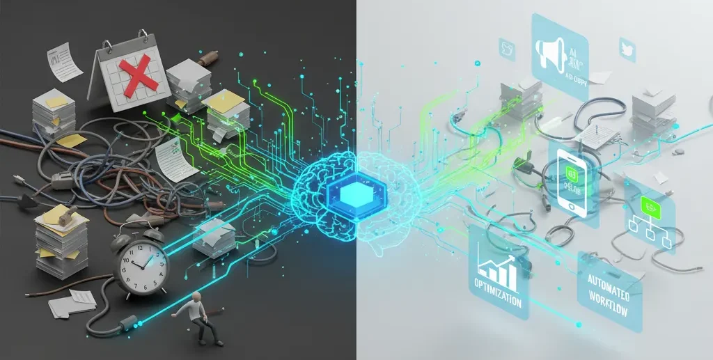 AI automation generating ad copy and scheduling social media posts efficiently.