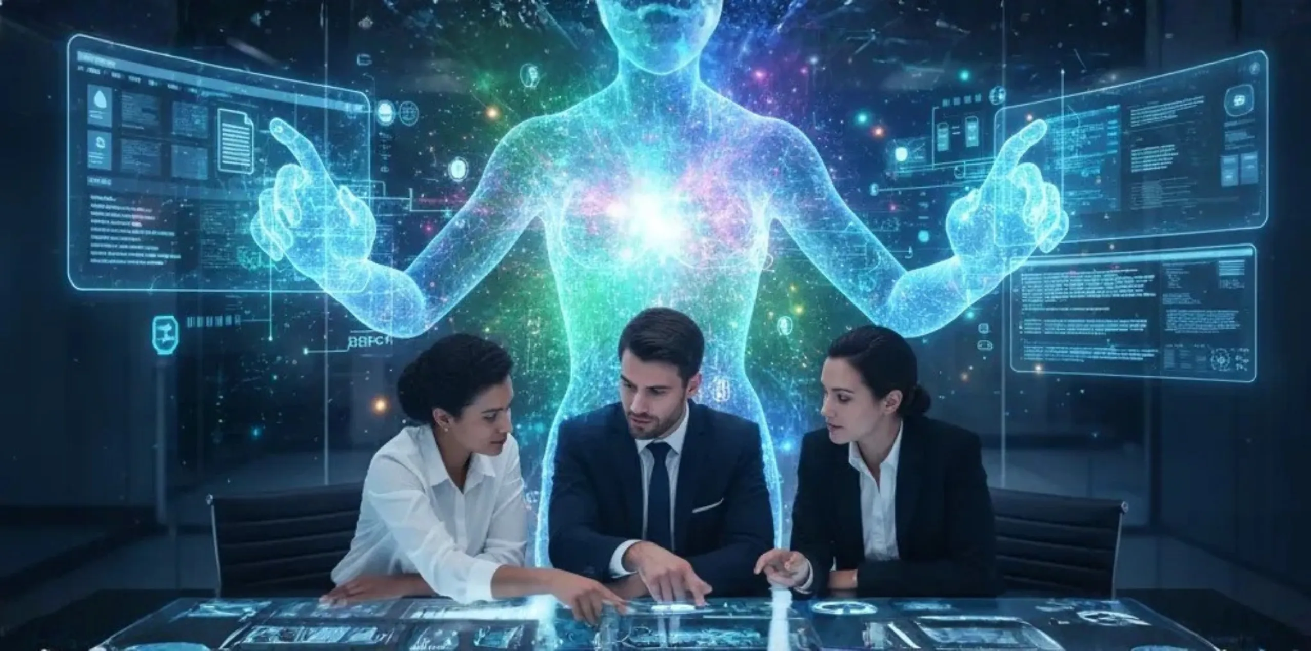 AI robot assisting human team for strategic focus.