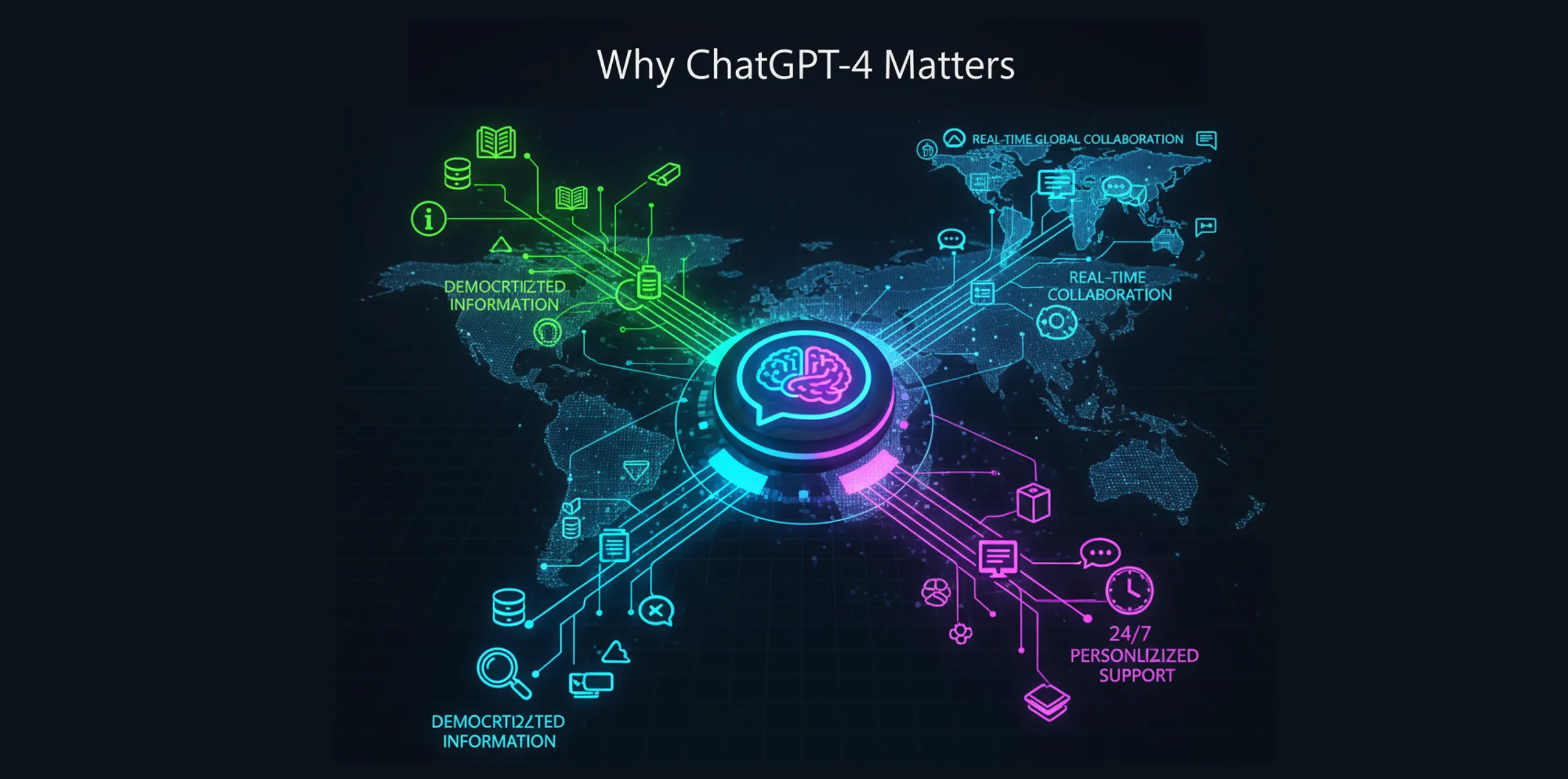 ChatGPT-4 radiating knowledge, enabling global access and collaboration.