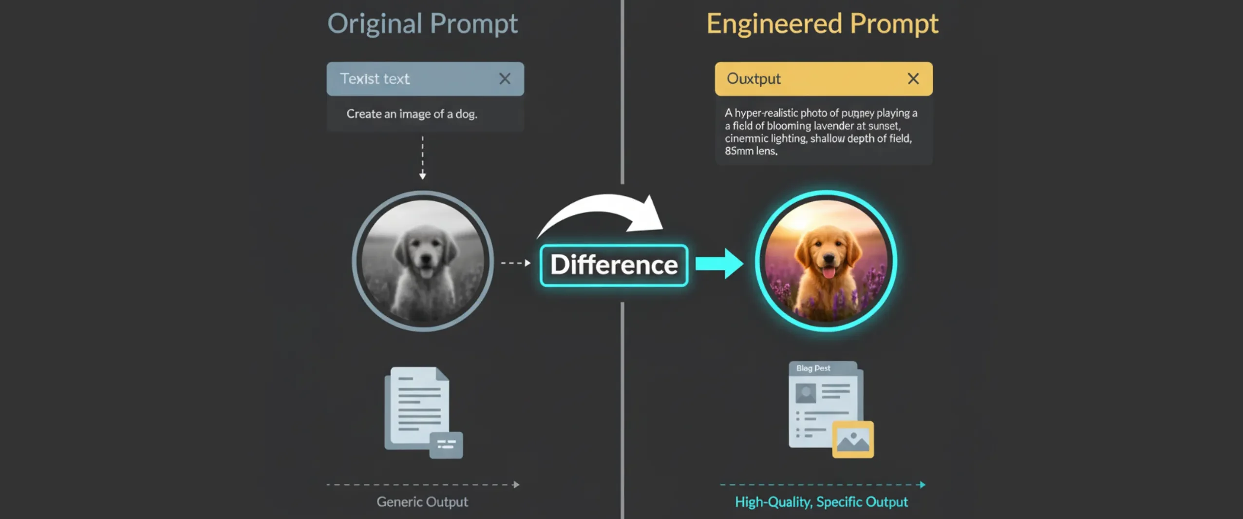 Comparison showing engineered prompts yield better, more specific AI results.