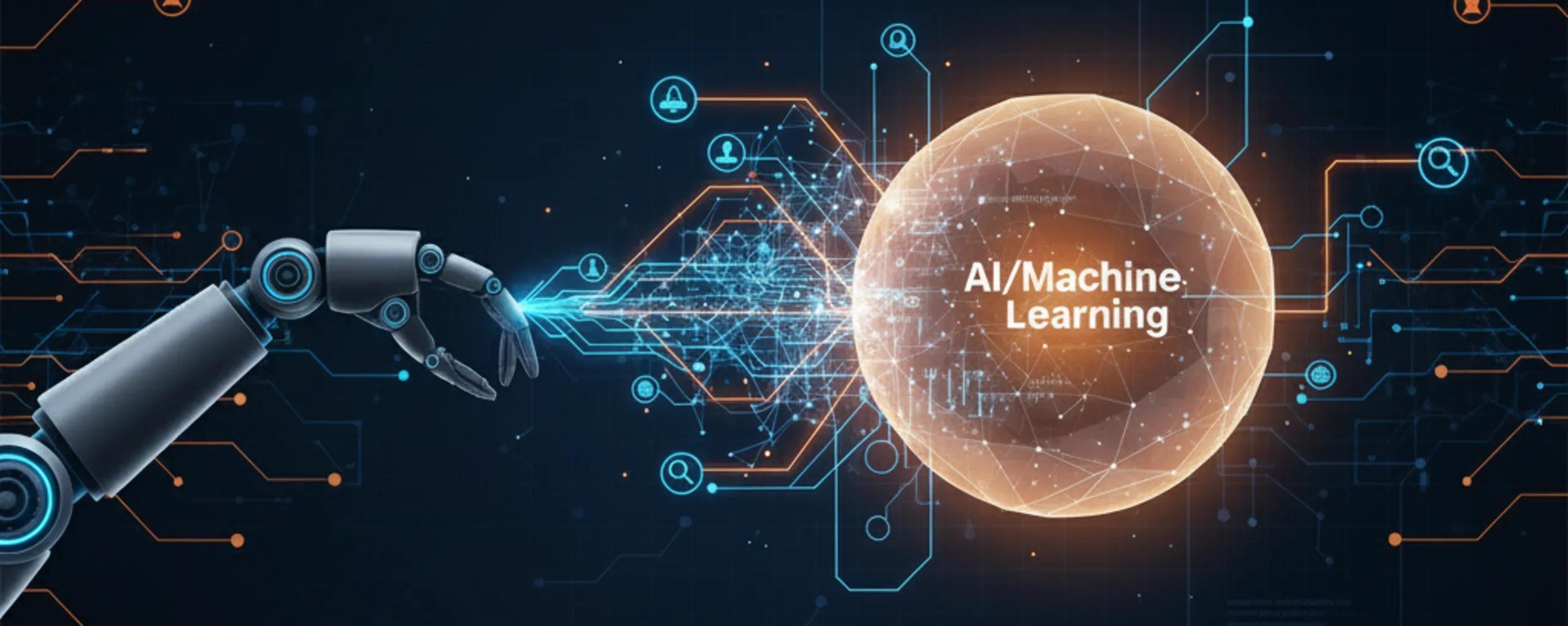 Conceptual graphic illustrating RPA merging with AI for intelligent automation.