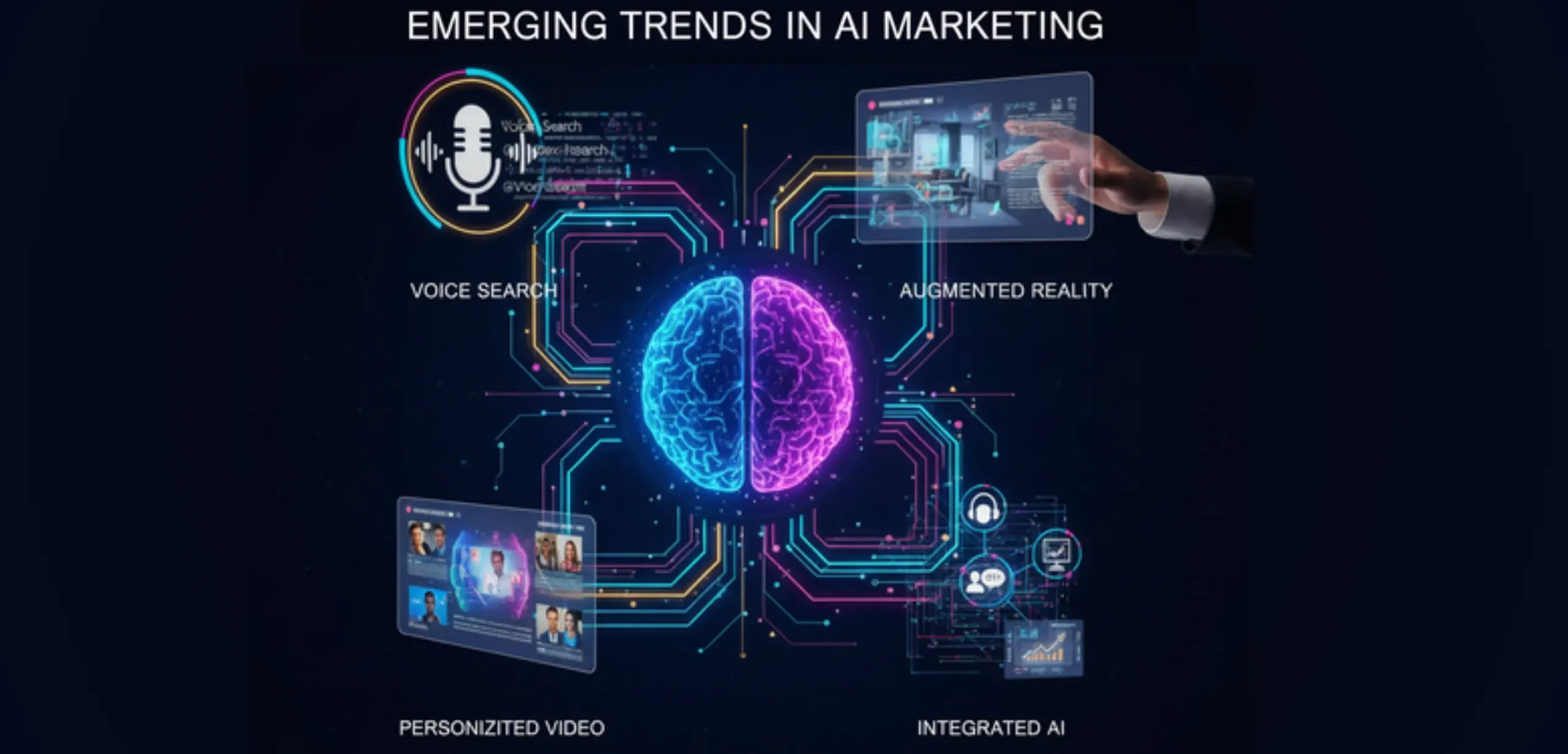 Emerging AI marketing trends voice search personalized video and augmented reality.
